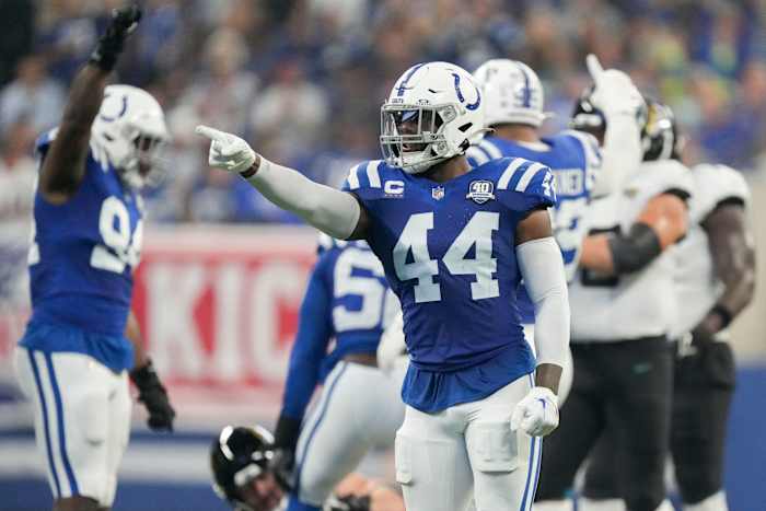 Indianapolis Colts linebacker Zaire Franklin (44) reacts after a play Sunday, Sept. 10, 2023, during a game against the Jacksonville Jaguars at Lucas Oil Stadium in Indianapolis.  